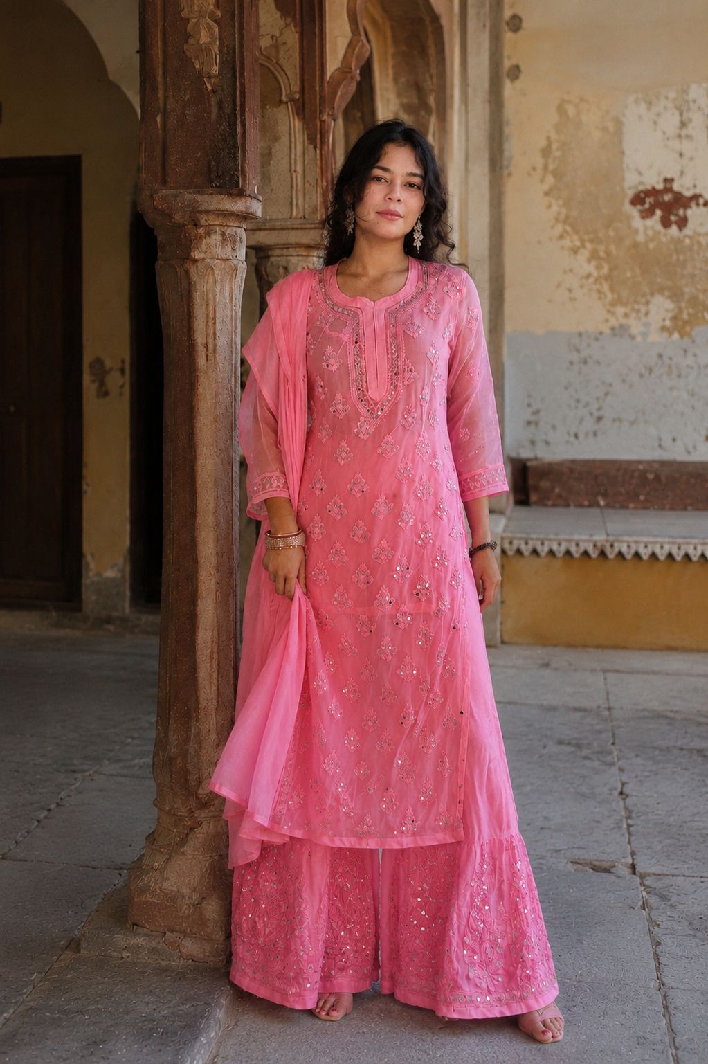 Pink mirror work on chikankari sharara three piece set