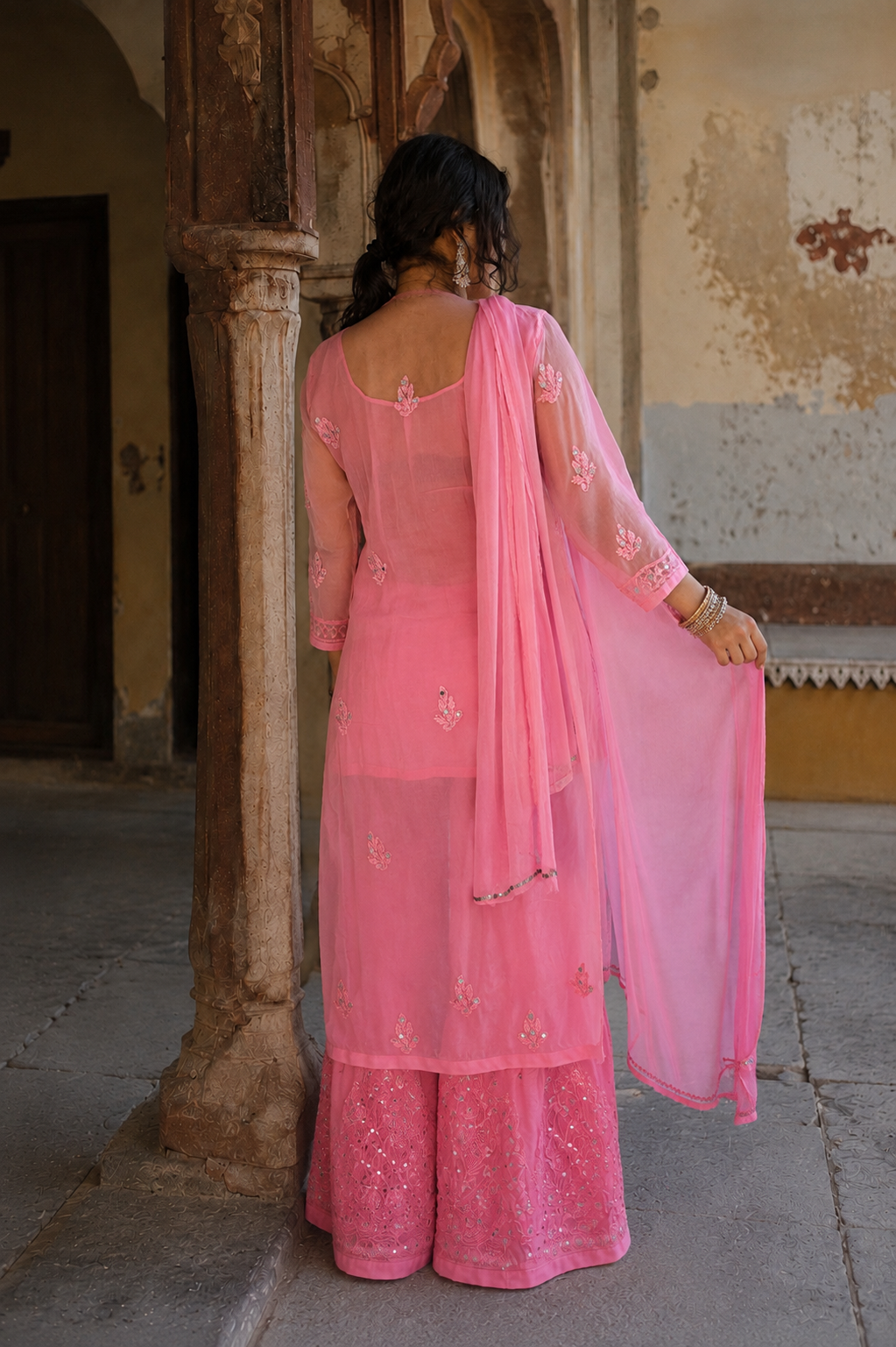 Pink mirror work on chikankari sharara three piece set