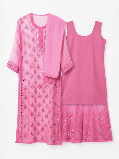 Pink mirror work on chikankari sharara four piece set, comes with dupatta and inner