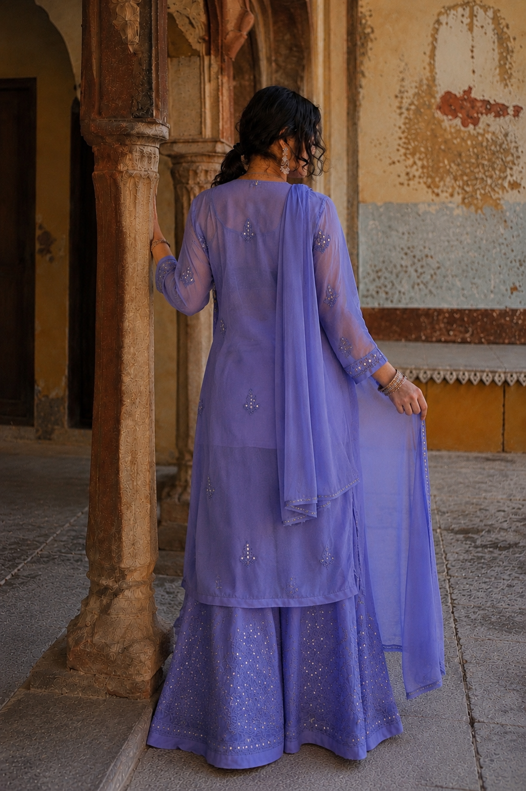 Pastel blue mirror work on chikankari sharara three piece set