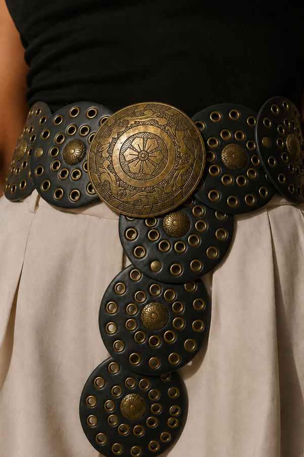 Black PU leather Circular Studded Boho Belt