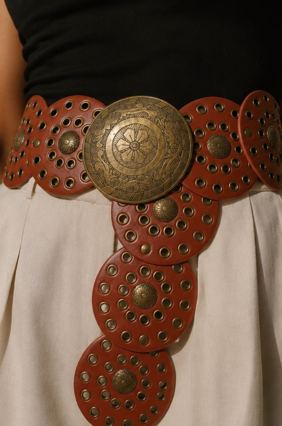 Brown PU leather Circular Studded Boho Belt