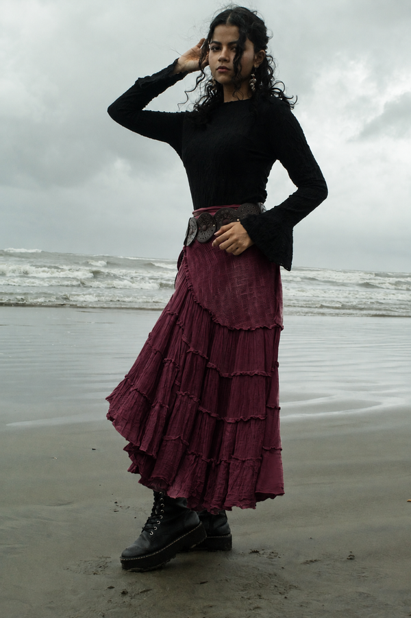 Burgandy Cotton Whimsical Ruffle Wrap Skirt