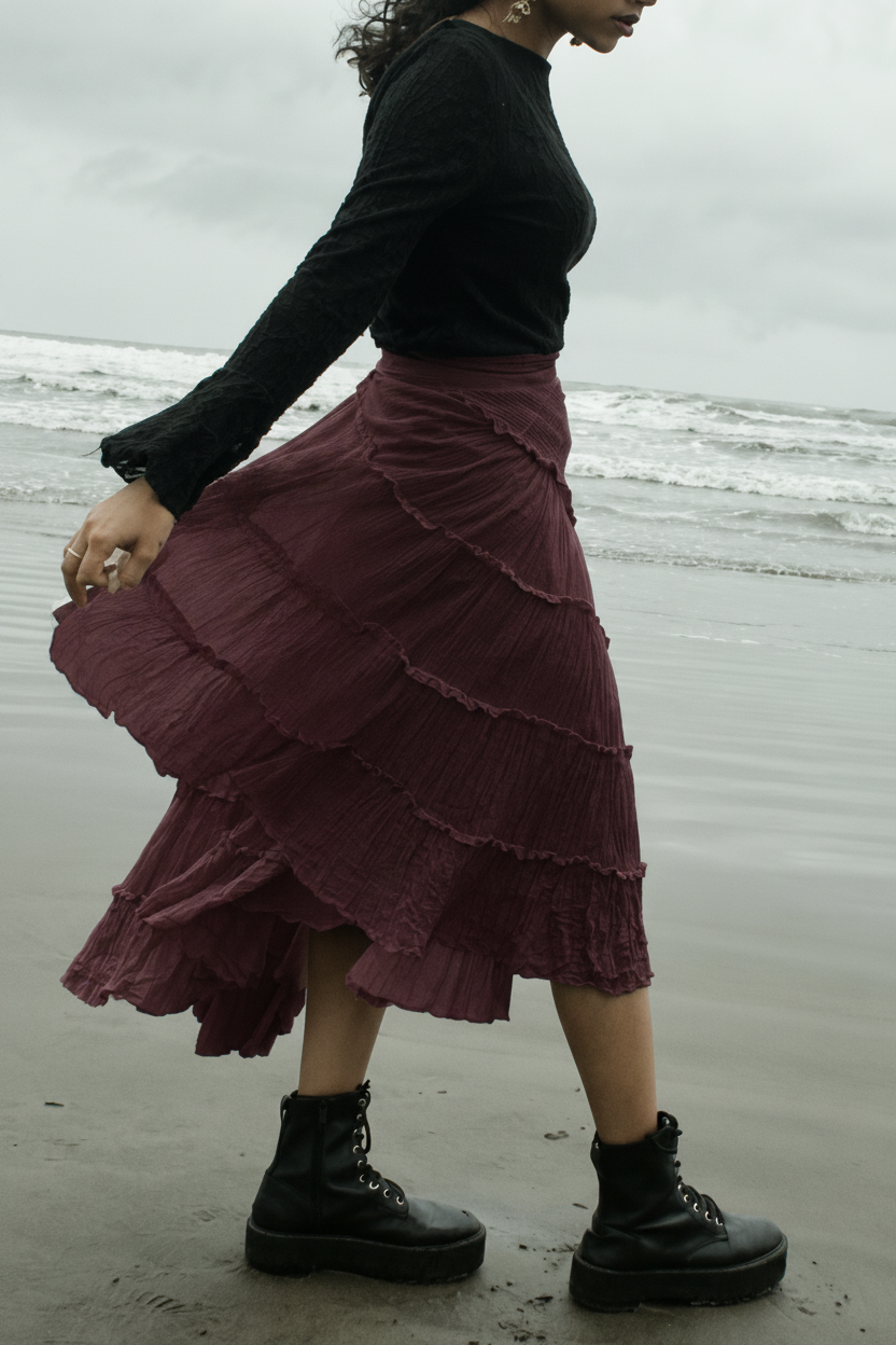 Burgandy Cotton Whimsical Ruffle Wrap Skirt