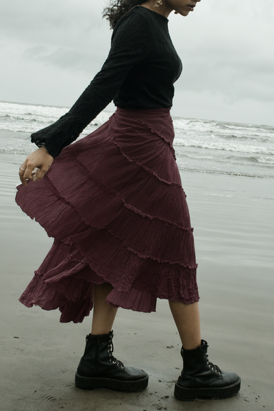 Burgandy Cotton Whimsical Ruffle Wrap Skirt