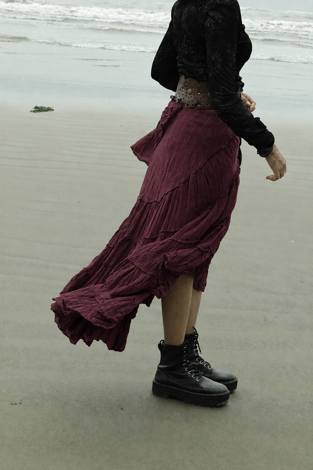 Burgandy Cotton Whimsical Ruffle Wrap Skirt