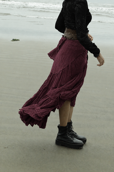 Burgandy Cotton Whimsical Ruffle Wrap Skirt