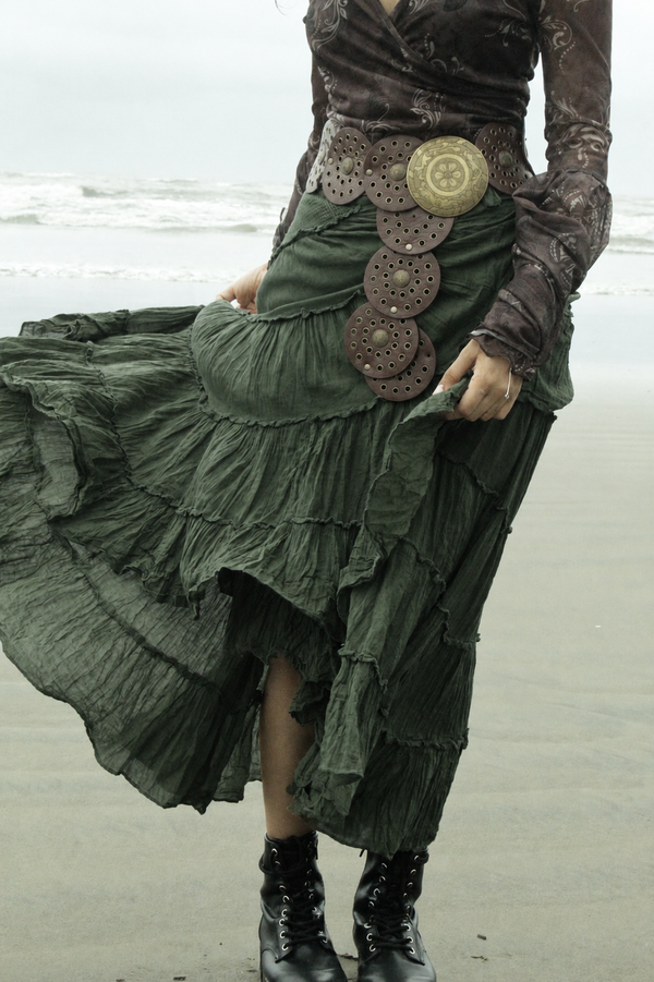 Forest Green Cotton Whimsical Ruffle Wrap Skirt