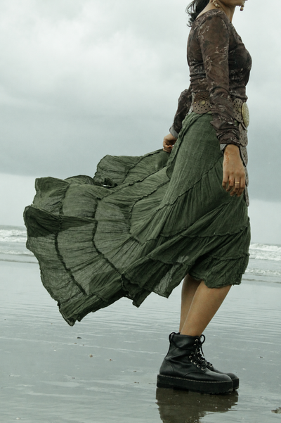 Forest Green Cotton Whimsical Ruffle Wrap Skirt