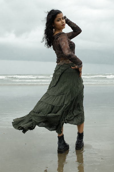 Forest Green Cotton Whimsical Ruffle Wrap Skirt