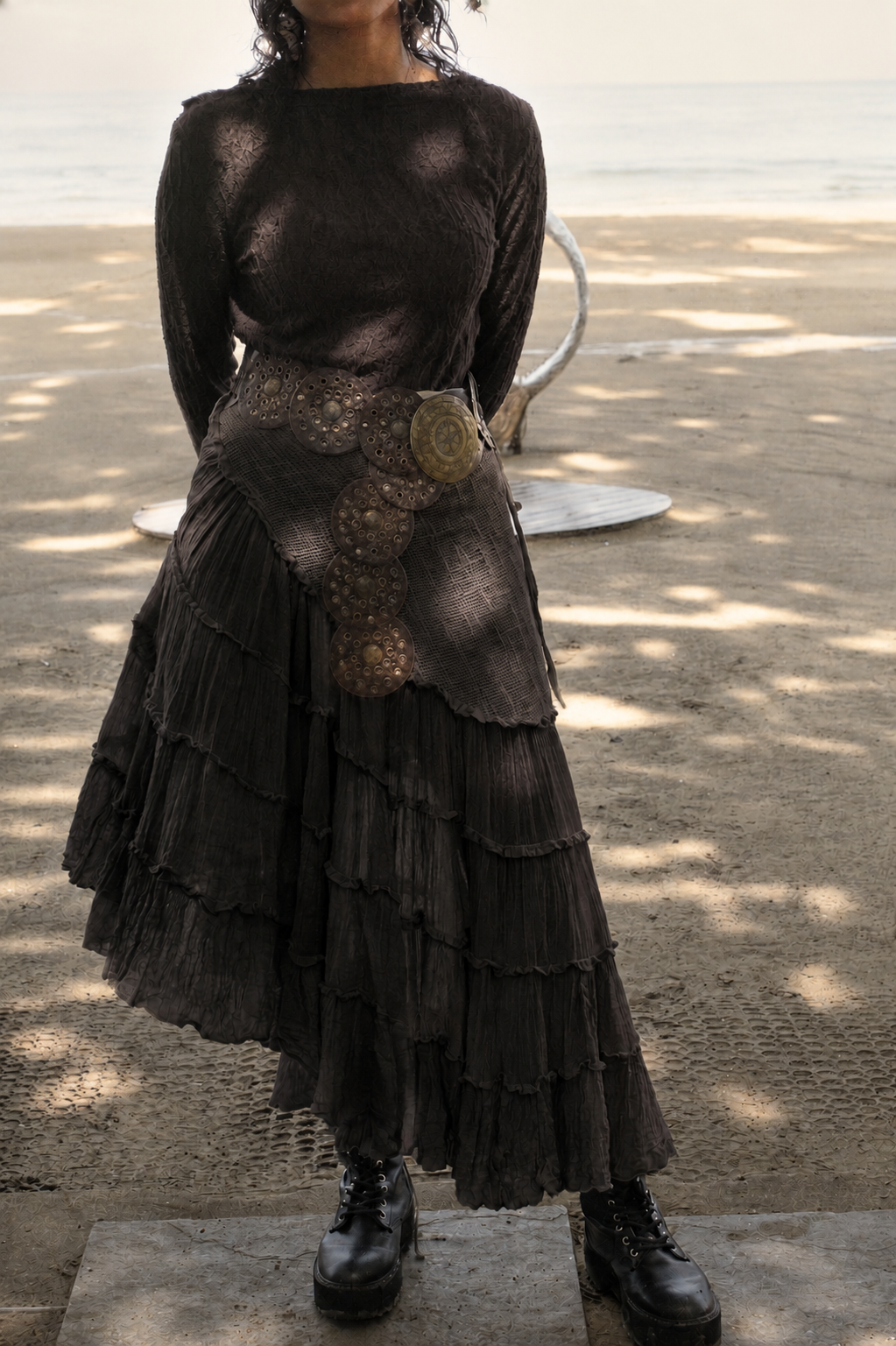 Dark brown Cotton Whimsical Ruffle Wrap Skirt