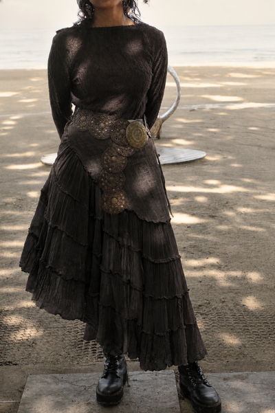 Dark brown Cotton Whimsical Ruffle Wrap Skirt