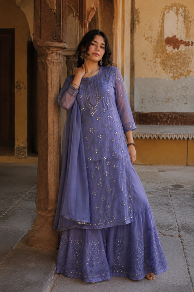 Pastel blue mirror work on chikankari sharara three piece set