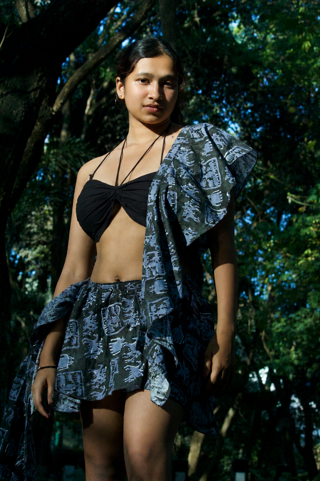 Vintage core blockprint wrap skirt with jellyfish dupatta and padded bralette top