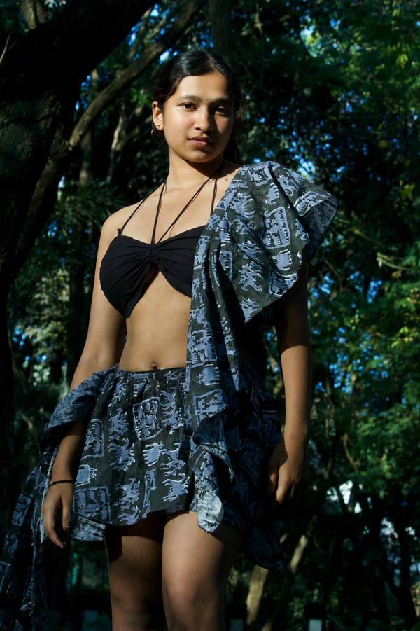Vintage core blockprint wrap skirt with jellyfish dupatta and padded bralette top