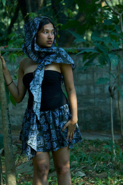 Vintage core blockprint wrap skirt with jellyfish dupatta