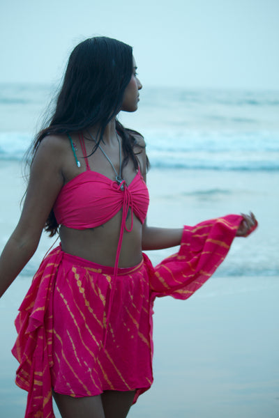Desi Y2K aesthetic pink Tie-dye wrap skirt dupatta set