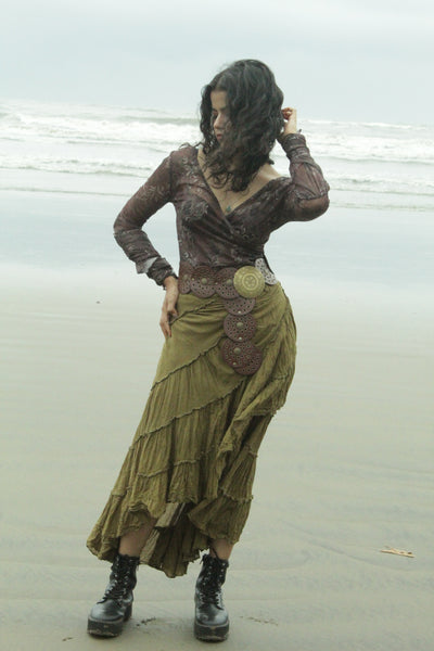 Olive Green Cotton Whimsical Ruffle Wrap Skirt