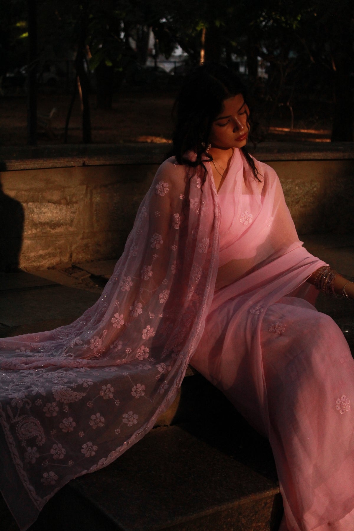 Baby pink handcrafted chikankari saree