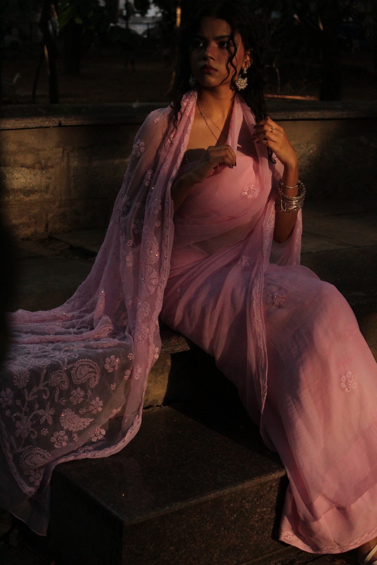 Baby pink handcrafted chikankari saree