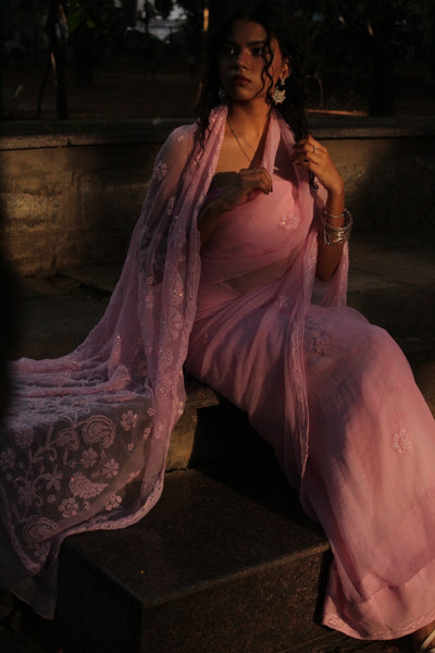 Baby pink handcrafted chikankari saree