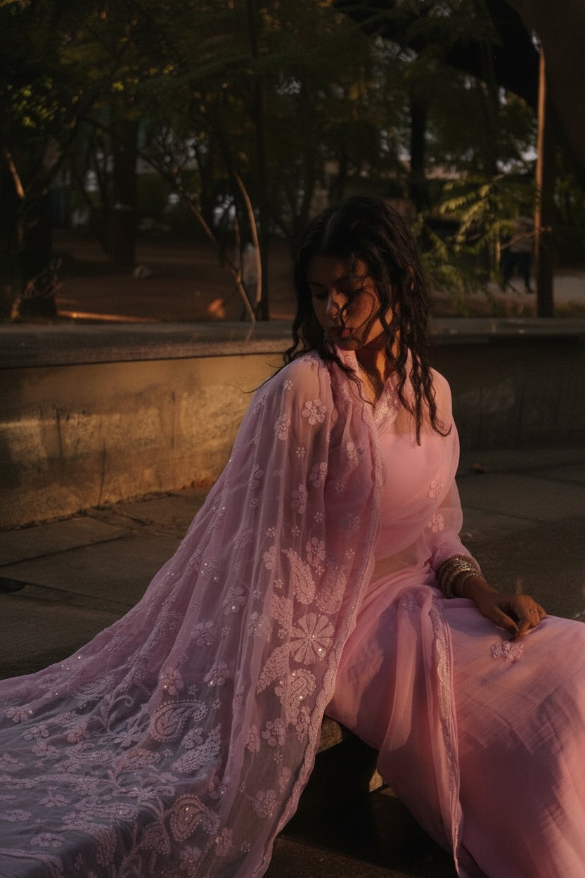 Baby pink handcrafted chikankari saree