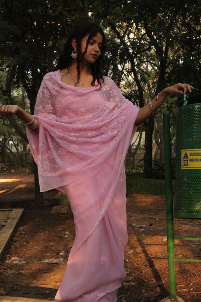 Baby pink handcrafted chikankari saree