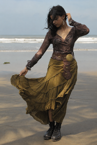 Olive Green Cotton Whimsical Ruffle Wrap Skirt
