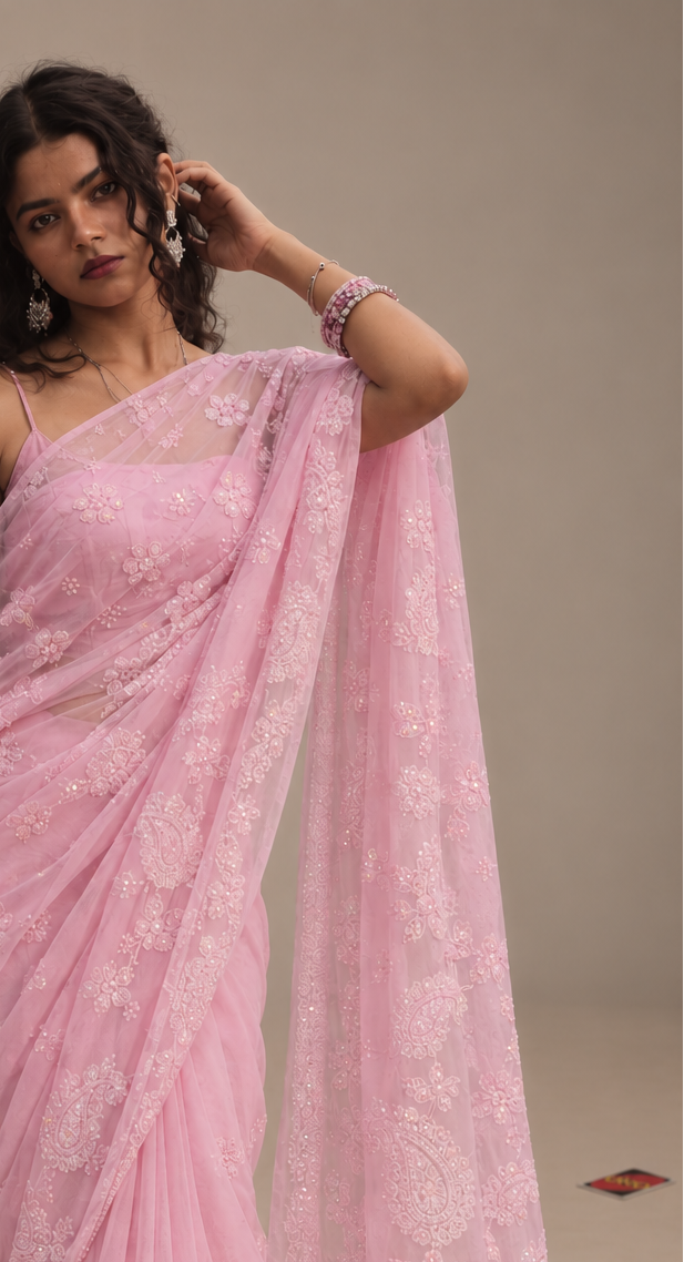 Baby pink handcrafted chikankari saree