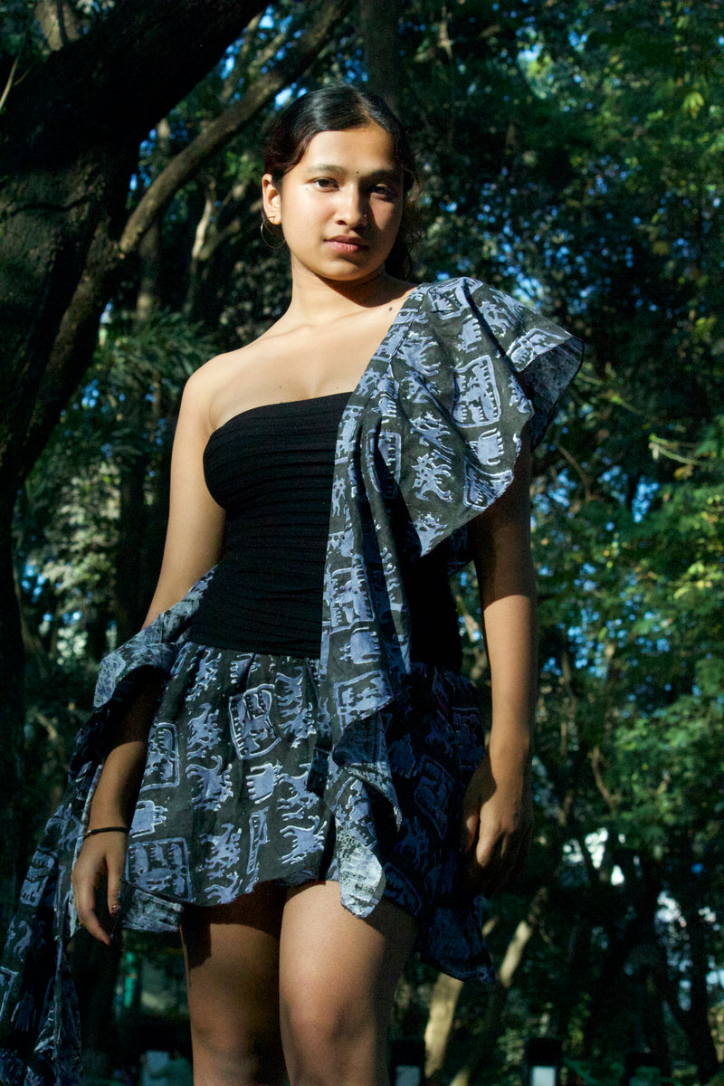 Vintage core blockprint wrap skirt with jellyfish dupatta