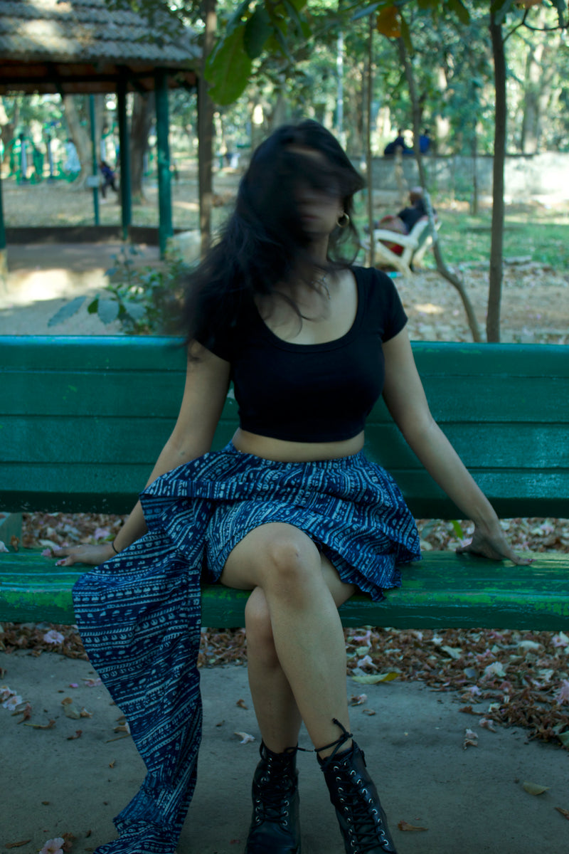 Indigo blockprint E-girl  Wrap Skirt with jellyfish dupatta