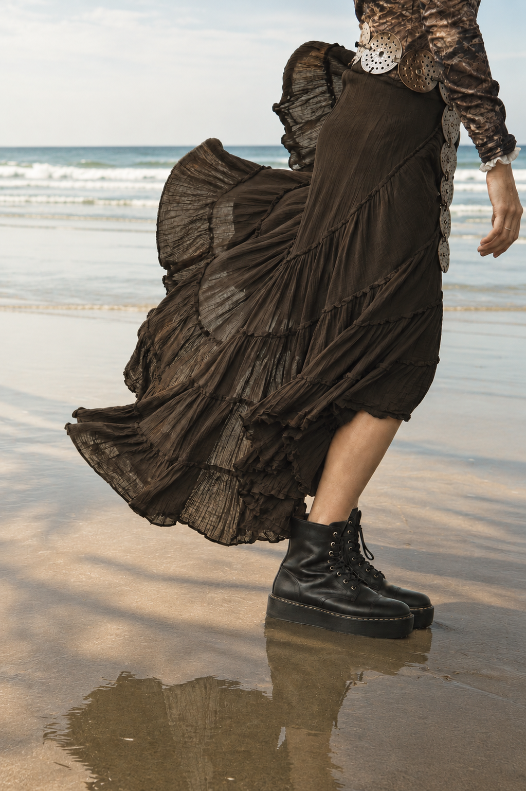 Dark brown Cotton Whimsical Ruffle Wrap Skirt