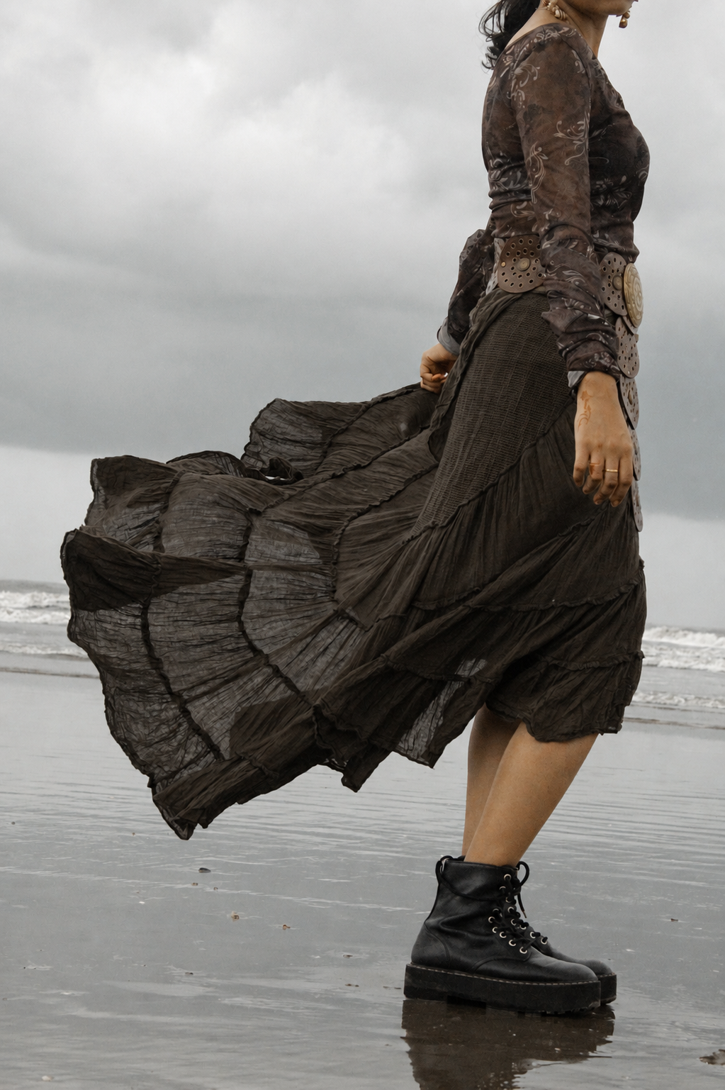 Dark brown Cotton Whimsical Ruffle Wrap Skirt