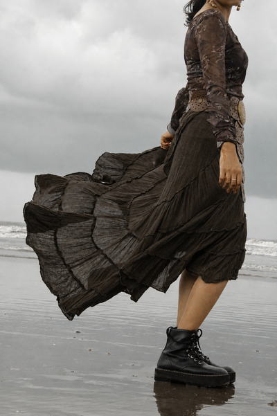 Dark brown Cotton Whimsical Ruffle Wrap Skirt