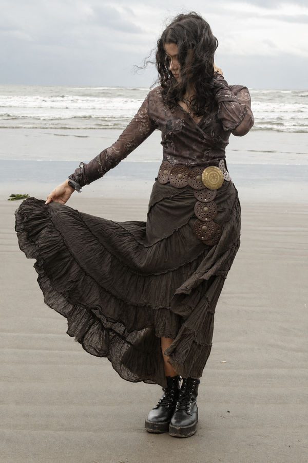 Dark brown Cotton Whimsical Ruffle Wrap Skirt