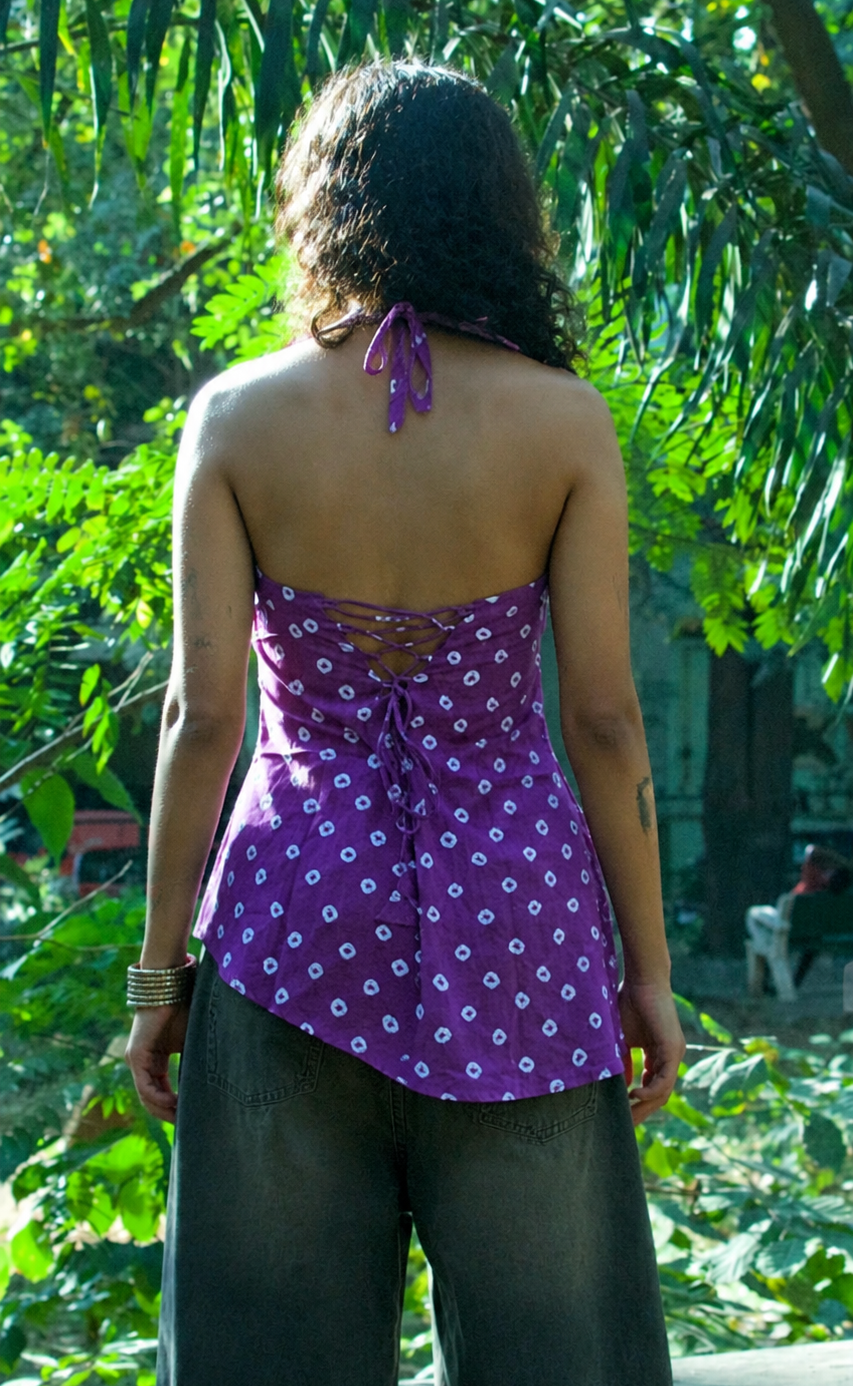 Julliet Rani- asymmetric purple halteneck Bandhani short corset kurti top