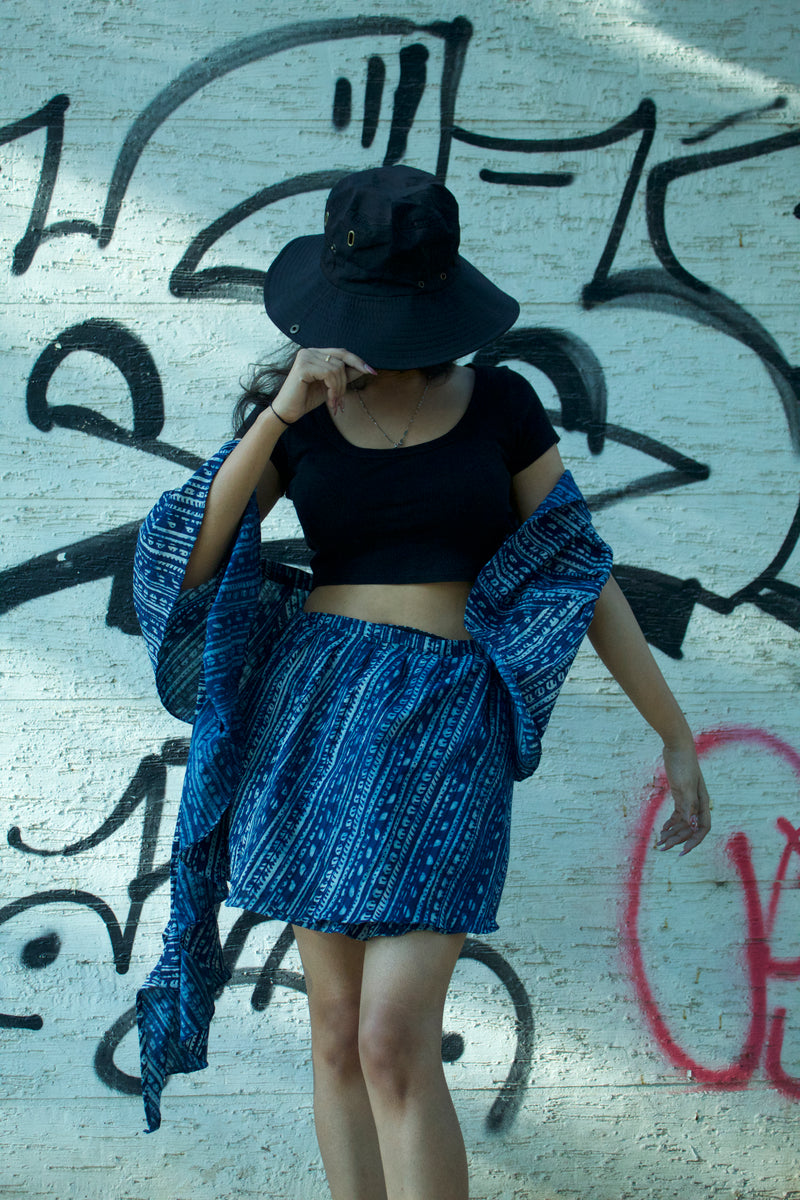 Indigo blockprint E-girl  Wrap Skirt with jellyfish dupatta