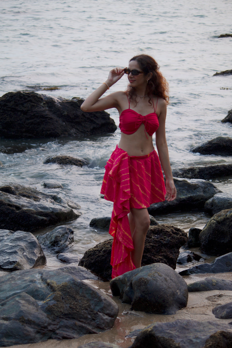 Desi Y2K aesthetic pink Tie-dye wrap skirt dupatta set