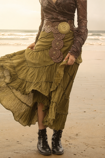Olive Green Cotton Whimsical Ruffle Wrap Skirt