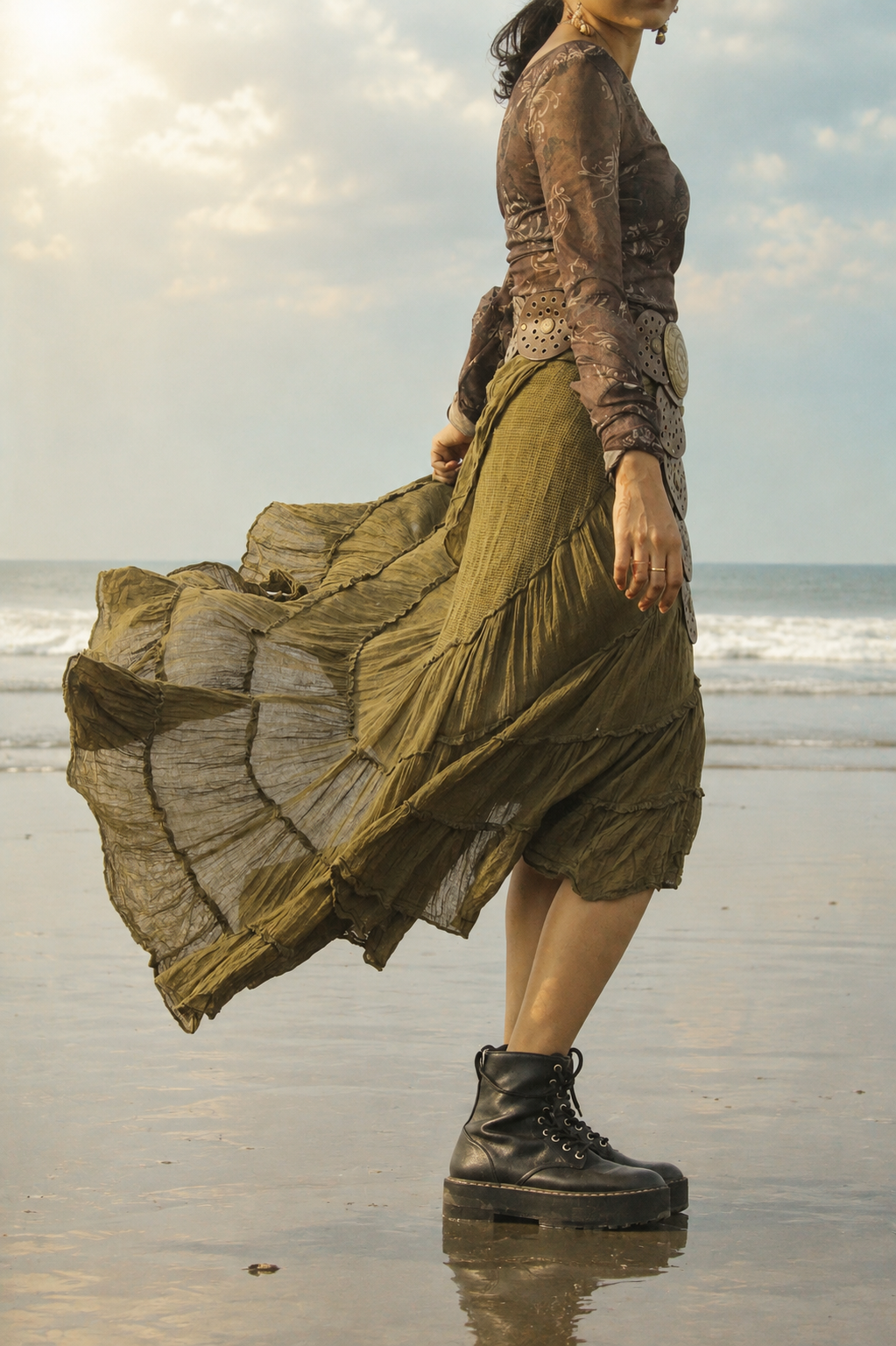 A woman standing on a beach wearing a flowing olive green tiered skirt, a brown lace-up top, and black combat boots, with the ocean and cloudy sky in the background.