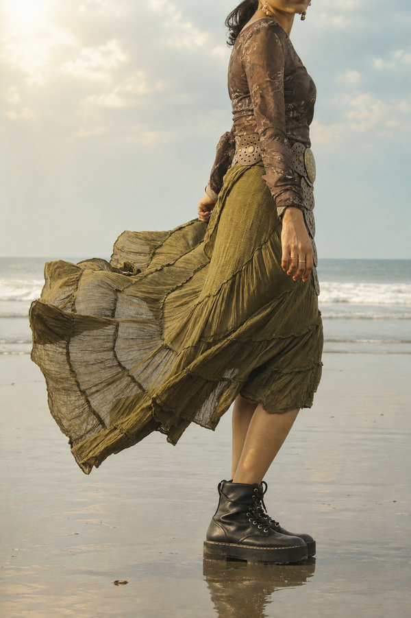 A woman standing on a beach wearing a flowing olive green tiered skirt, a brown lace-up top, and black combat boots, with the ocean and cloudy sky in the background.