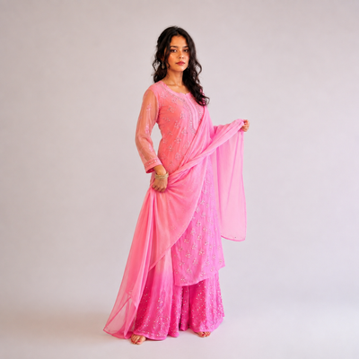 A woman modeling a vibrant pink traditional Indian outfit consisting of a heavily embroidered long-sleeve kurta, matching flared pants, and a sheer draped dupatta, set against a plain light gray studio background.